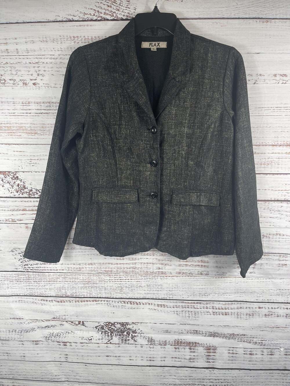 Flax Blazer Jacket Womens SZ Small Gray Charcoal Linen 3 Button Pockets Tailored